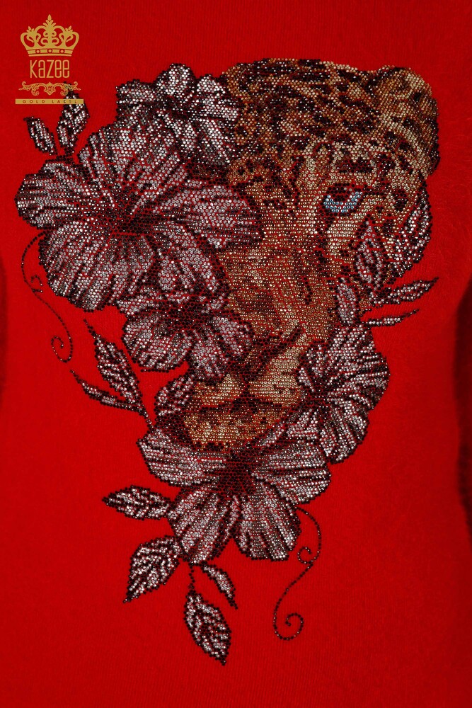 Grossiste Pull en Maille pour Femme Pierre Brodée à Motifs Angora Rouge - 16993 | KAZEE - 2