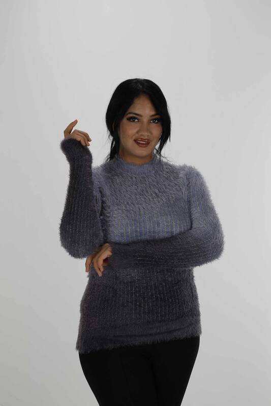 Angora-Strickwaren mit hohem Kragen und langen Ärmeln Blau - 30796 | KAZEE