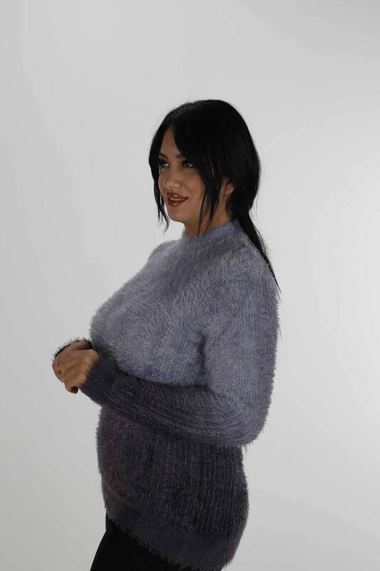 Angora-Strickwaren mit hohem Kragen und langen Ärmeln Blau - 30796 | KAZEE