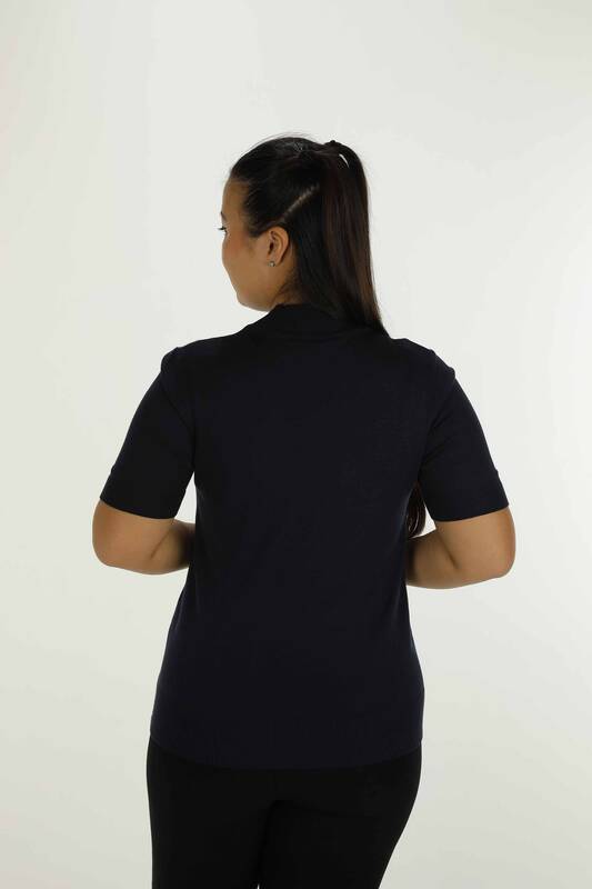 Stand Collar Short Sleeve Stone Knitwear Navy Blue - 30463 | KAZEE