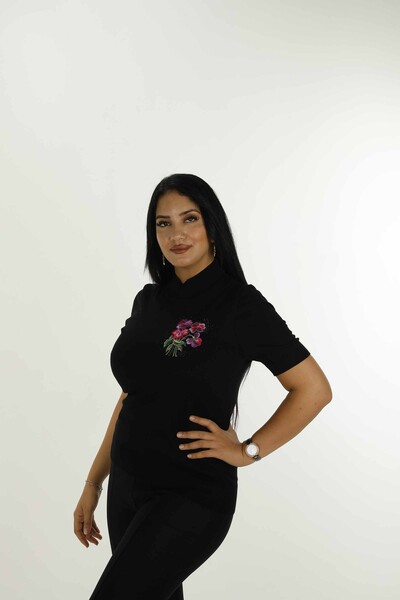 Stand Collar Short Sleeve Embroidered Sweater Black - 30928 | KAZEE - 3