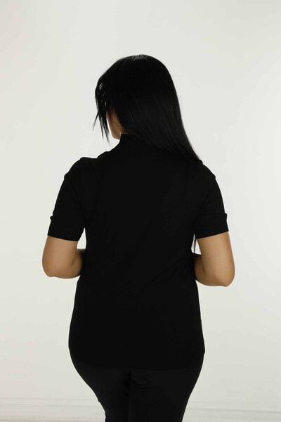 Stand Collar Short Sleeve Embroidered Sweater Black - 30928 | KAZEE - 5