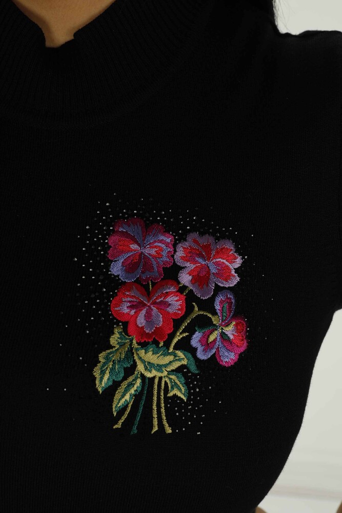 Stand Collar Short Sleeve Embroidered Sweater Black - 30928 | KAZEE - 4