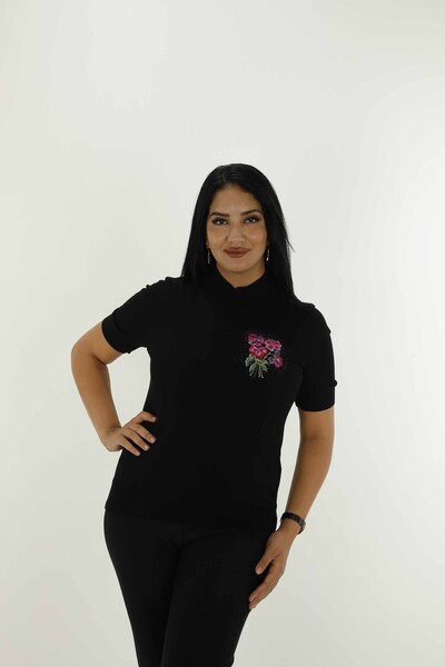 Stand Collar Short Sleeve Embroidered Sweater Black - 30928 | KAZEE - Thumbnail