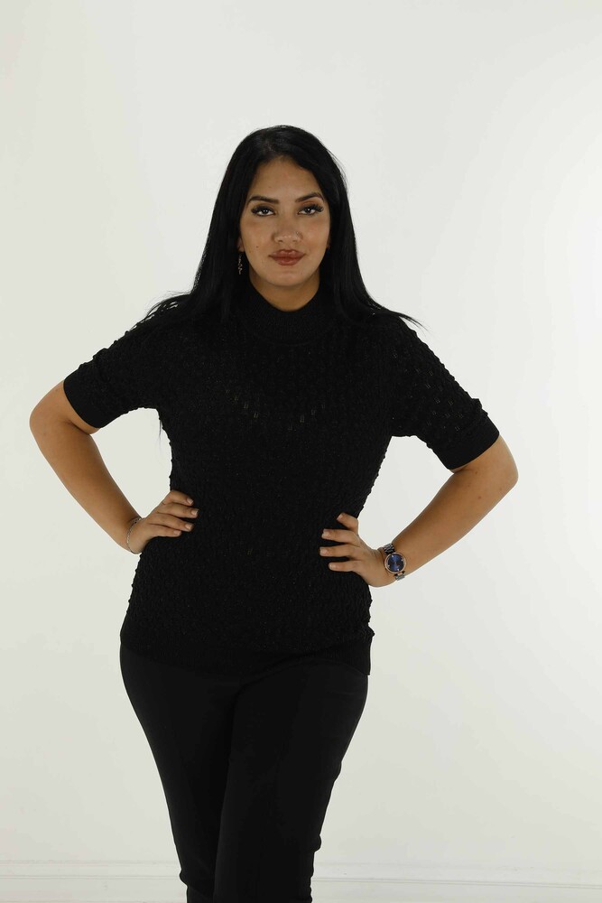 Stand Collar Short Sleeve Glittery Knitwear Black - 30035 | KAZEE - 1