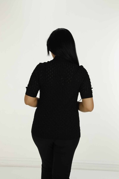 Stand Collar Short Sleeve Glittery Knitwear Black - 30035 | KAZEE - 5