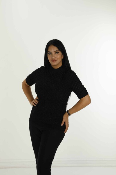 Stand Collar Short Sleeve Glittery Knitwear Black - 30035 | KAZEE - Thumbnail