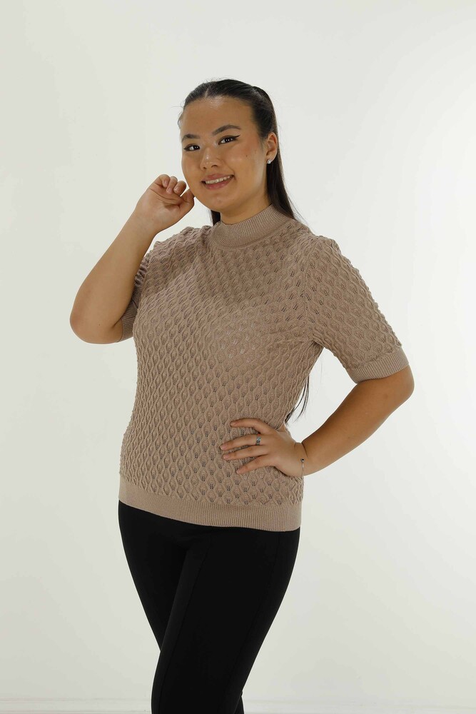 Stand Collar Short Sleeve Glittery Knitwear Beige - 30035 | KAZEE - 1