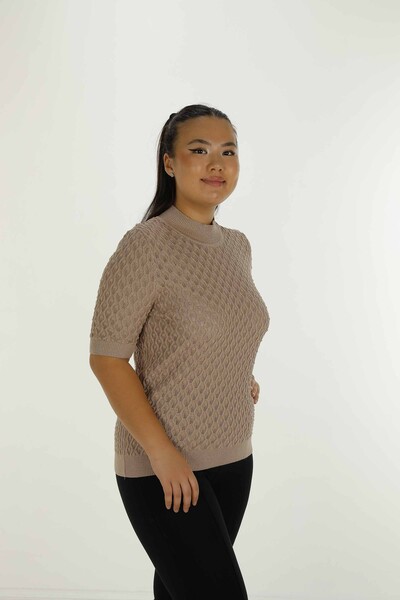 Stand Collar Short Sleeve Glittery Knitwear Beige - 30035 | KAZEE - 2