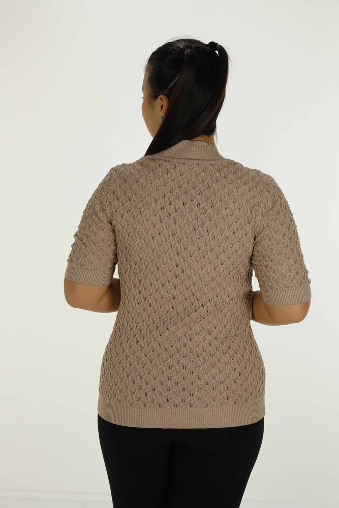 Stand Collar Short Sleeve Glittery Knitwear Beige - 30035 | KAZEE - 5