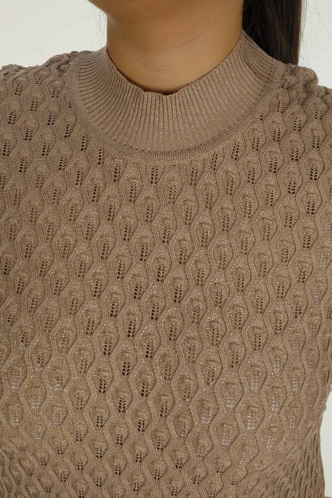 Stand Collar Short Sleeve Glittery Knitwear Beige - 30035 | KAZEE - 4