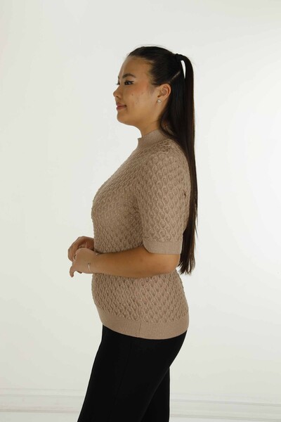 Stand Collar Short Sleeve Glittery Knitwear Beige - 30035 | KAZEE - Thumbnail