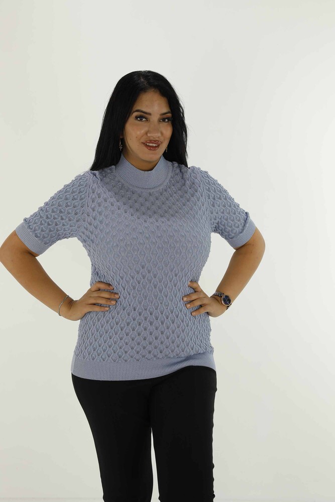 Stand Collar Short Sleeve Glittery Knitwear Light Blue - 30035 | KAZEE - 1