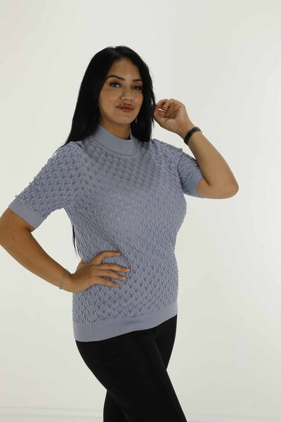 Stand Collar Short Sleeve Glittery Knitwear Light Blue - 30035 | KAZEE - 2