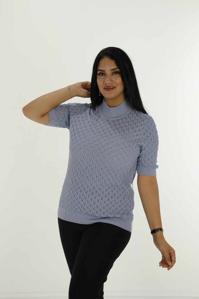 Stand Collar Short Sleeve Glittery Knitwear Light Blue - 30035 | KAZEE - 3