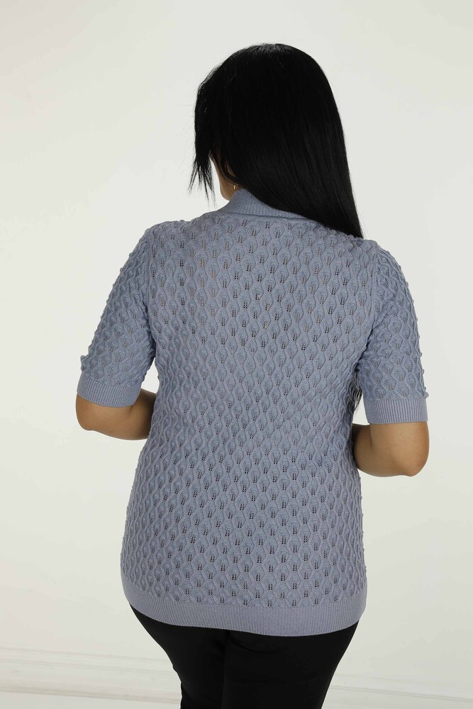 Stand Collar Short Sleeve Glittery Knitwear Light Blue - 30035 | KAZEE - 5