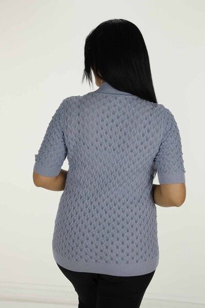 Stand Collar Short Sleeve Glittery Knitwear Light Blue - 30035 | KAZEE - Thumbnail