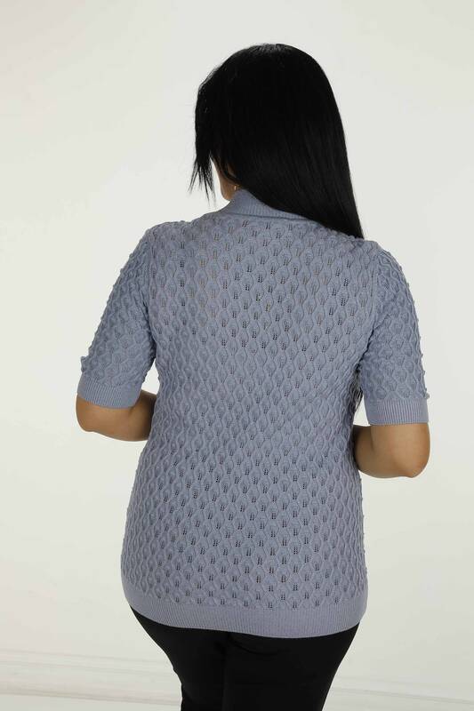 Stand Collar Short Sleeve Glittery Knitwear Light Blue - 30035 | KAZEE