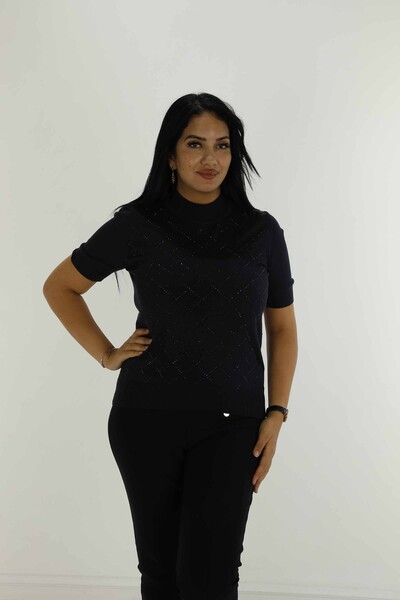 Kurzärmliger Stone-Strickpullover mit hohem Kragen, Marineblau – 30651 | KAZEE - Thumbnail