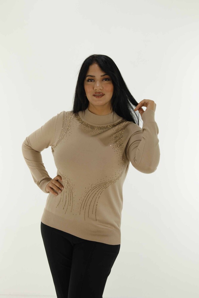 Langärmliger Strickpullover mit hohem Kragen und Steindetail, Beige – 30690 | KAZEE - 1