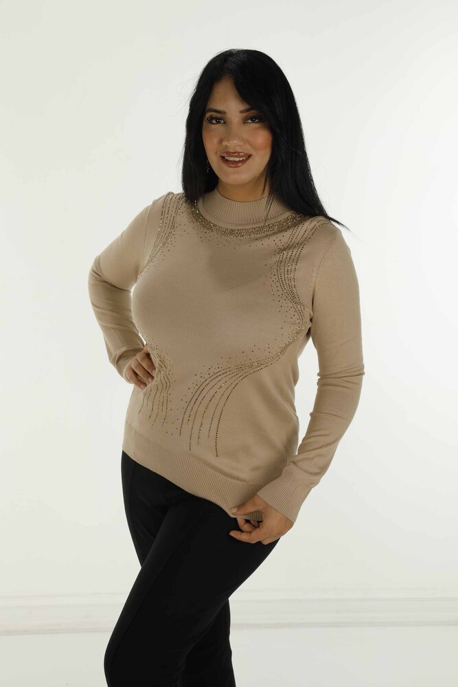 Langärmliger Strickpullover mit hohem Kragen und Steindetail, Beige – 30690 | KAZEE - 3