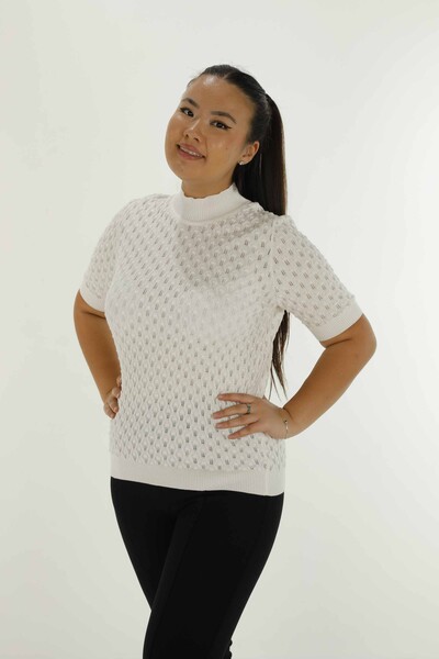 Stand Collar Short Sleeve Glittery Knitwear Ecru - 30035 | KAZEE - Thumbnail