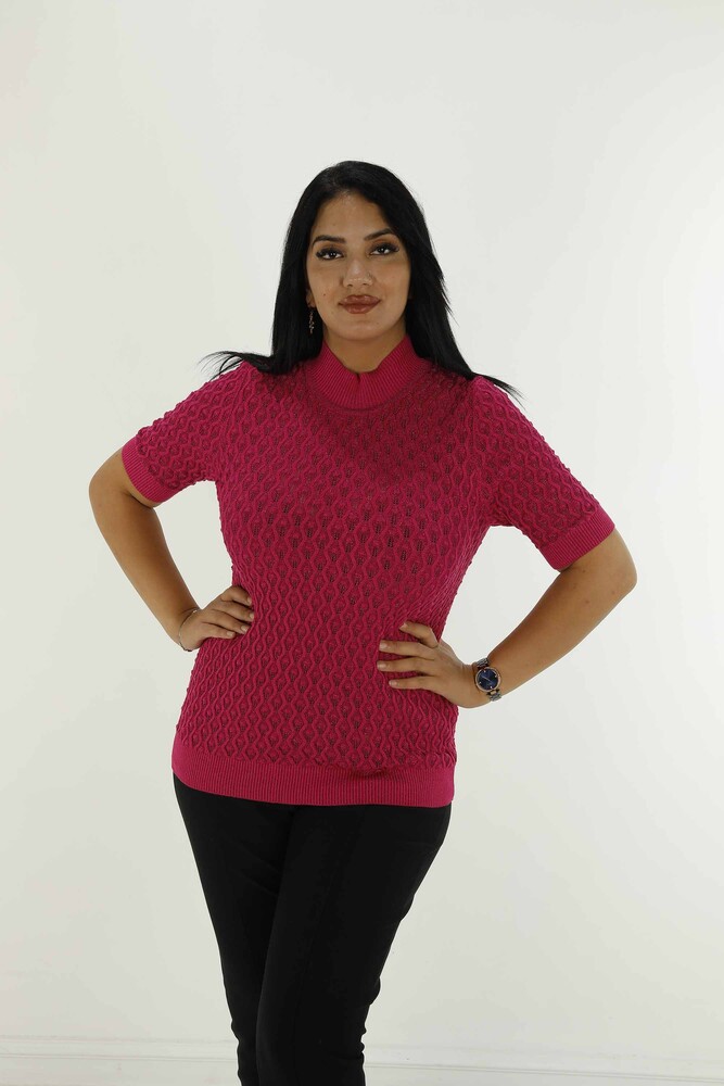 Stand Collar Short Sleeve Glittery Knitwear Fuchsia - 30035 | KAZEE - 1