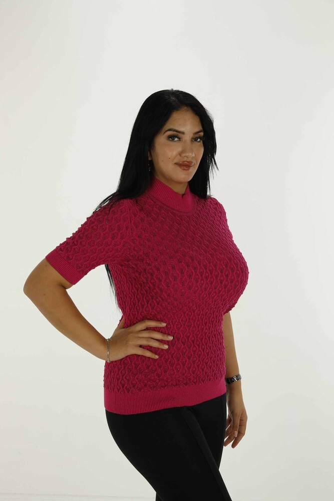 Stand Collar Short Sleeve Glittery Knitwear Fuchsia - 30035 | KAZEE - 2