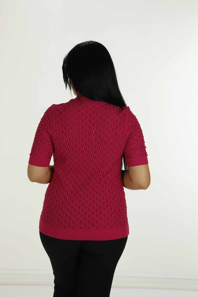 Stand Collar Short Sleeve Glittery Knitwear Fuchsia - 30035 | KAZEE - 5