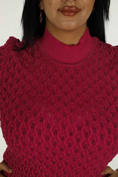 Stand Collar Short Sleeve Glittery Knitwear Fuchsia - 30035 | KAZEE - Thumbnail