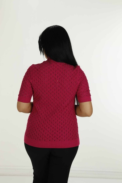 Stand Collar Short Sleeve Glittery Knitwear Fuchsia - 30035 | KAZEE - Thumbnail