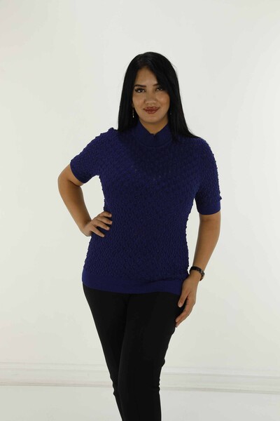 Stand Collar Short Sleeve Glittery Knitwear Saxe - 30035 | KAZEE - Thumbnail