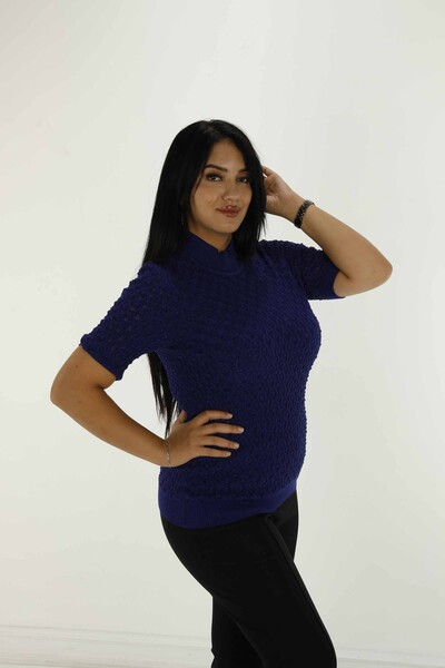 Stand Collar Short Sleeve Glittery Knitwear Saxe - 30035 | KAZEE - Thumbnail