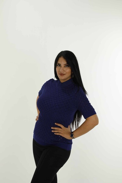 Stand Collar Short Sleeve Glittery Knitwear Saxe - 30035 | KAZEE - Thumbnail