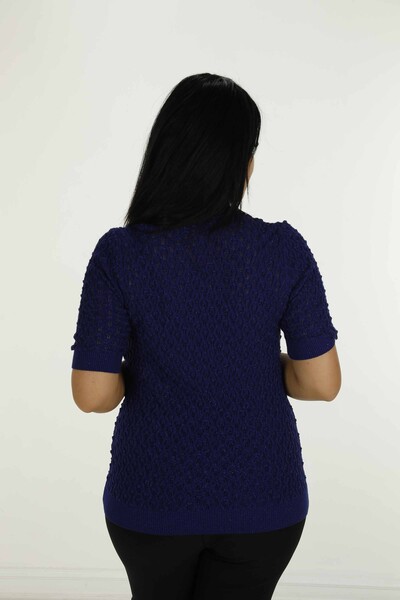 Stand Collar Short Sleeve Glittery Knitwear Saxe - 30035 | KAZEE - Thumbnail