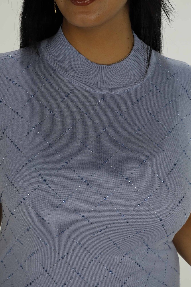 Kurzärmliger Stone-Strickpullover mit hohem Kragen, Blau – 30651 | KAZEE - 4