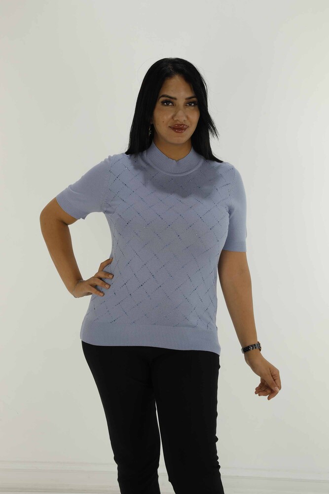 Kurzärmliger Stone-Strickpullover mit hohem Kragen, Blau – 30651 | KAZEE - 1