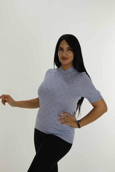 Stand Collar Short Sleeve Stone Knitwear Blue - 30651 | KAZEE - Thumbnail