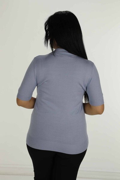 Stand Collar Short Sleeve Stone Knitwear Blue - 30651 | KAZEE - Thumbnail