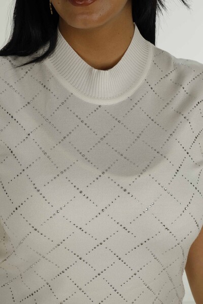 Stand Collar Short Sleeve Stone Knitwear Ecru - 30651 | KAZEE - Thumbnail