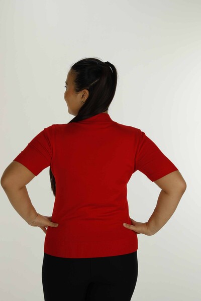 Stand Collar Short Sleeve Stone Knitwear Red - 30651 | KAZEE - Thumbnail