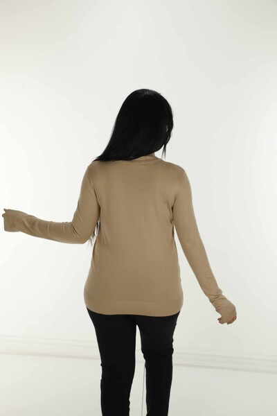 Stand Collar Stone Detailed Long Sleeve Knitwear Beige - 30690 | KAZEE - Thumbnail