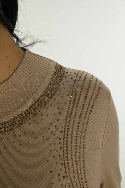 Stand Collar Stone Detailed Long Sleeve Knitwear Beige - 30690 | KAZEE - Thumbnail