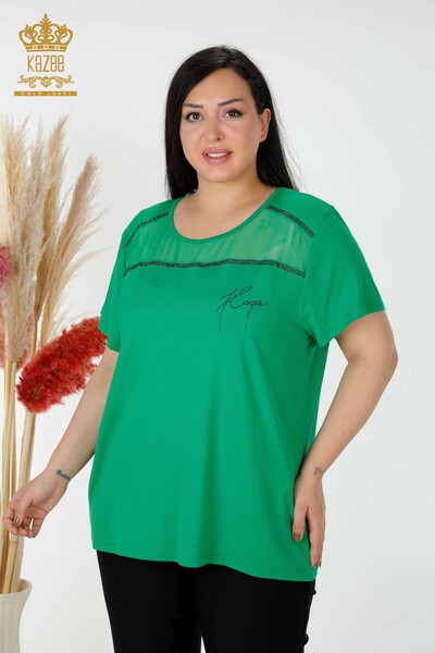 Wholesale Women's Blouse Tulle Detailed Green - 78996 | KAZEE 