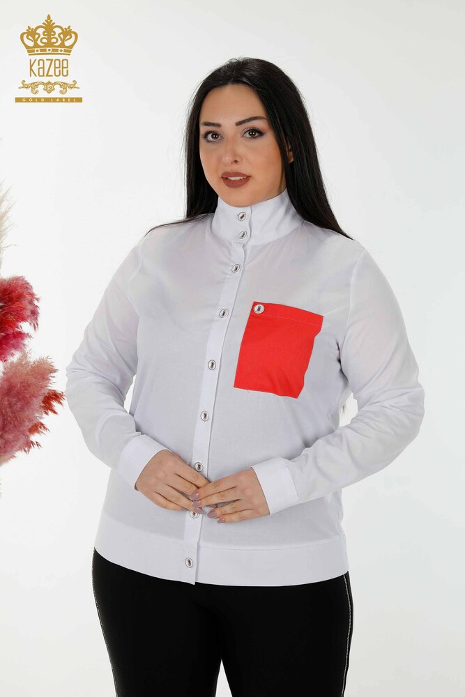 Camicia da donna all'ingrosso tasca dettagliata - corallo bianco - 20309 | KAZEE - 1