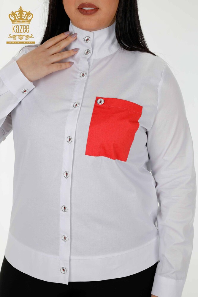 Camicia da donna all'ingrosso tasca dettagliata - corallo bianco - 20309 | KAZEE - 2