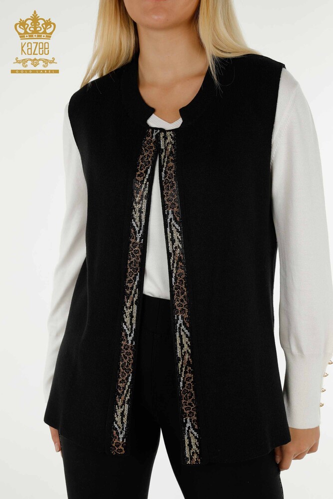 All'ingrosso Gilet corto da donna - Leopardo Pietra Ricamato - Nero - 30616 | KAZEE - 3