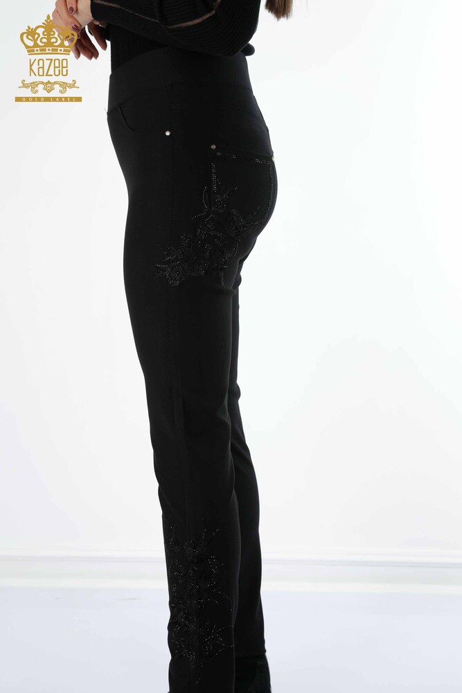 All'ingrosso Pantaloni leggings da donna - Rosa ricamata - Pietre ricamate - Tasche - 3635 | KAZEE - 4