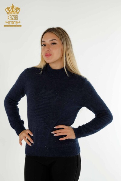 Maglieria da donna all'ingrosso Maglione Collo alla coreana in angora Navy - 19071 | KAZEE 