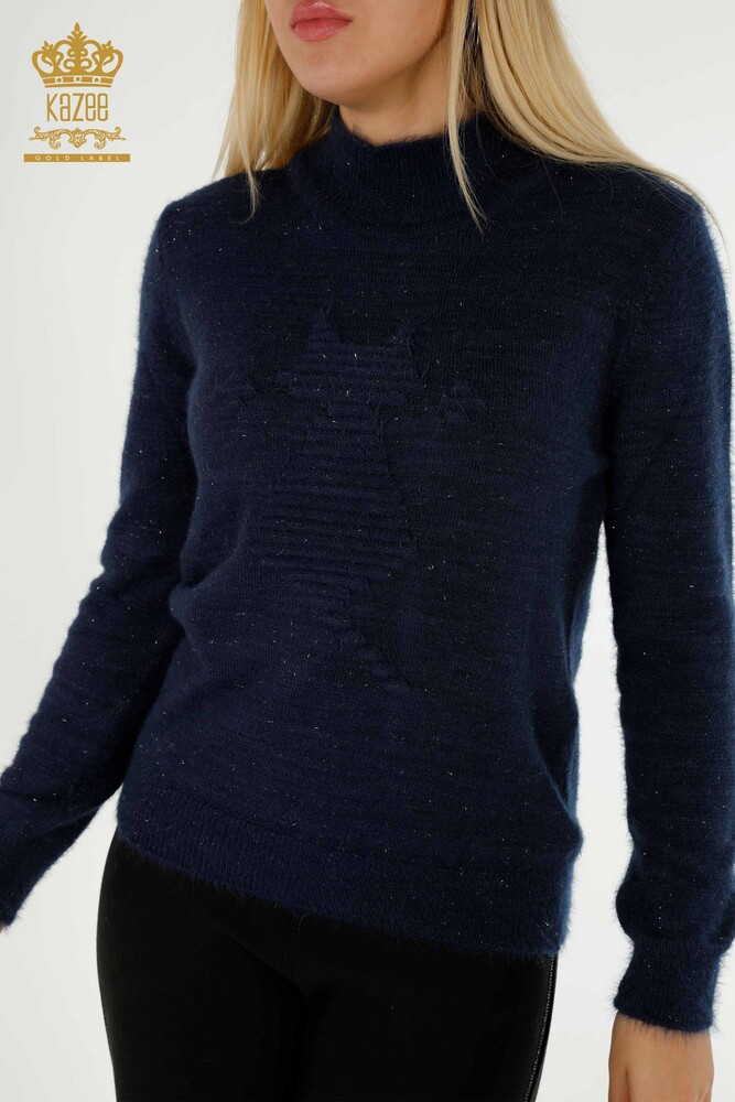 Maglieria da donna all'ingrosso Maglione Collo alla coreana in angora Navy - 19071 | KAZEE - 2